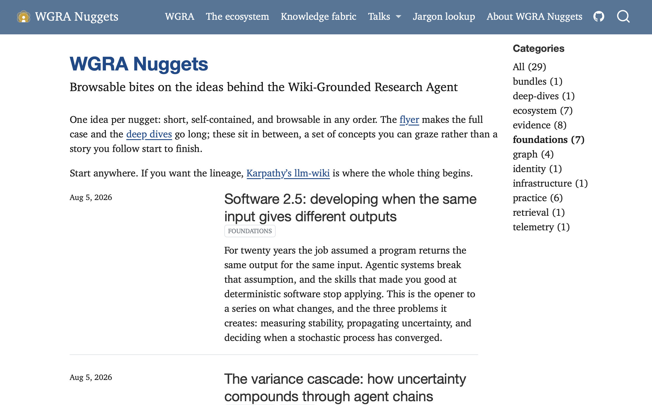 The WGRA Nuggets blog: browsable one-idea posts with a categories sidebar