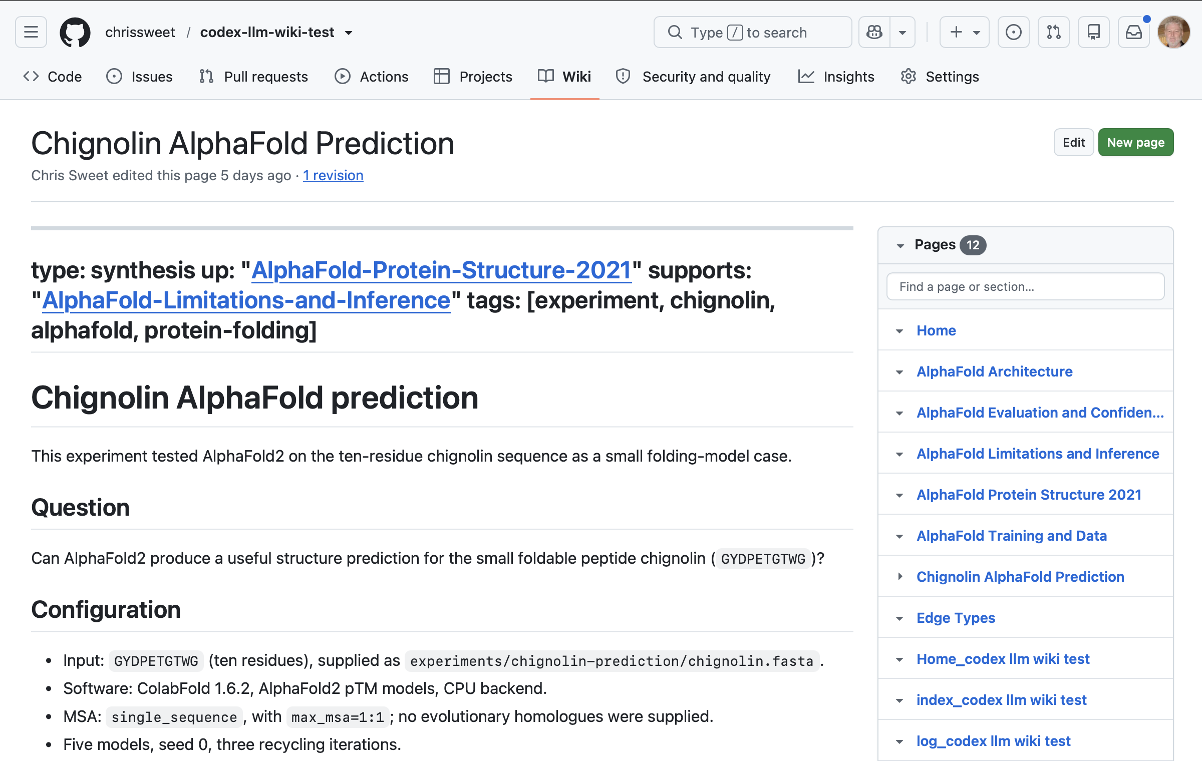 The finished codex-llm-wiki-test GitHub wiki: the Chignolin AlphaFold Prediction page with its 12-page sidebar