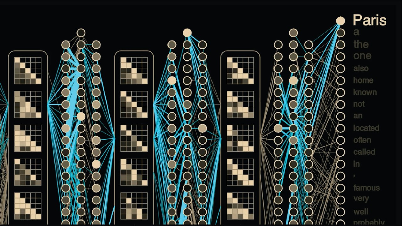 Welch Labs video thumbnail showing neural-network layers and a next-token prediction